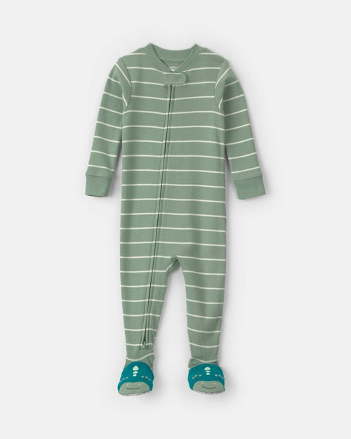 Pijama de una pieza con pie, dinosaurios a rayas en verde