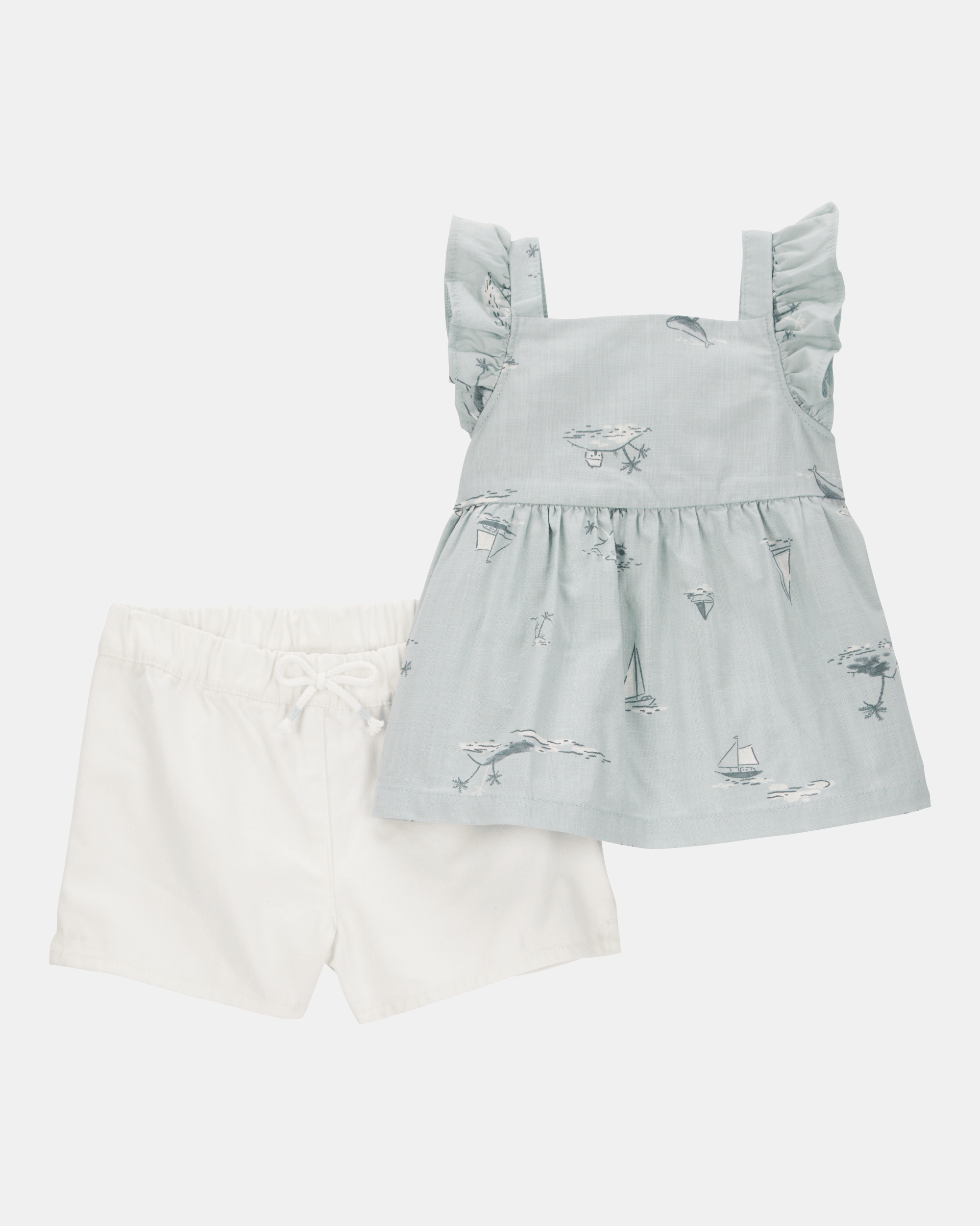 Conjunto de dos piezas de algodón, pantalón corto y blusa, diseño barcos NB