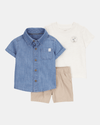 Three-piece cotton set, shorts, shirt, and T-shirt, tropical design