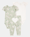 Three-piece cotton set with pants and two heart-design bodysuits