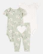 Conjunto tres piezas algodón pantalón y dos bodies diseño corazones NB