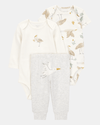 Three-piece cotton set with pants and two bird-design bodysuits