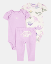 Three-piece cotton set with pants and two dinosaur-print bodysuits