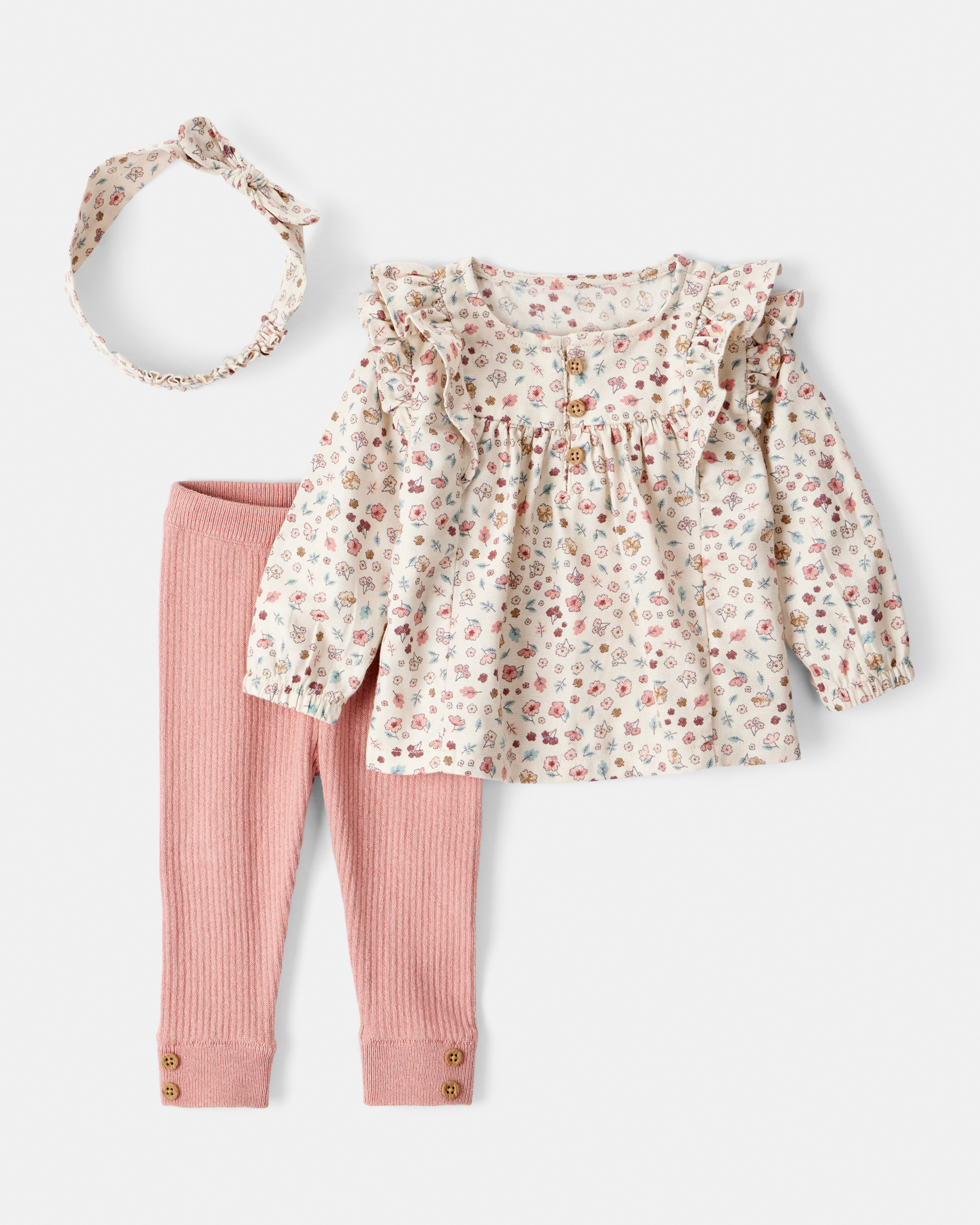 3-piece floral T-shirt, ribbed pants, and bow set