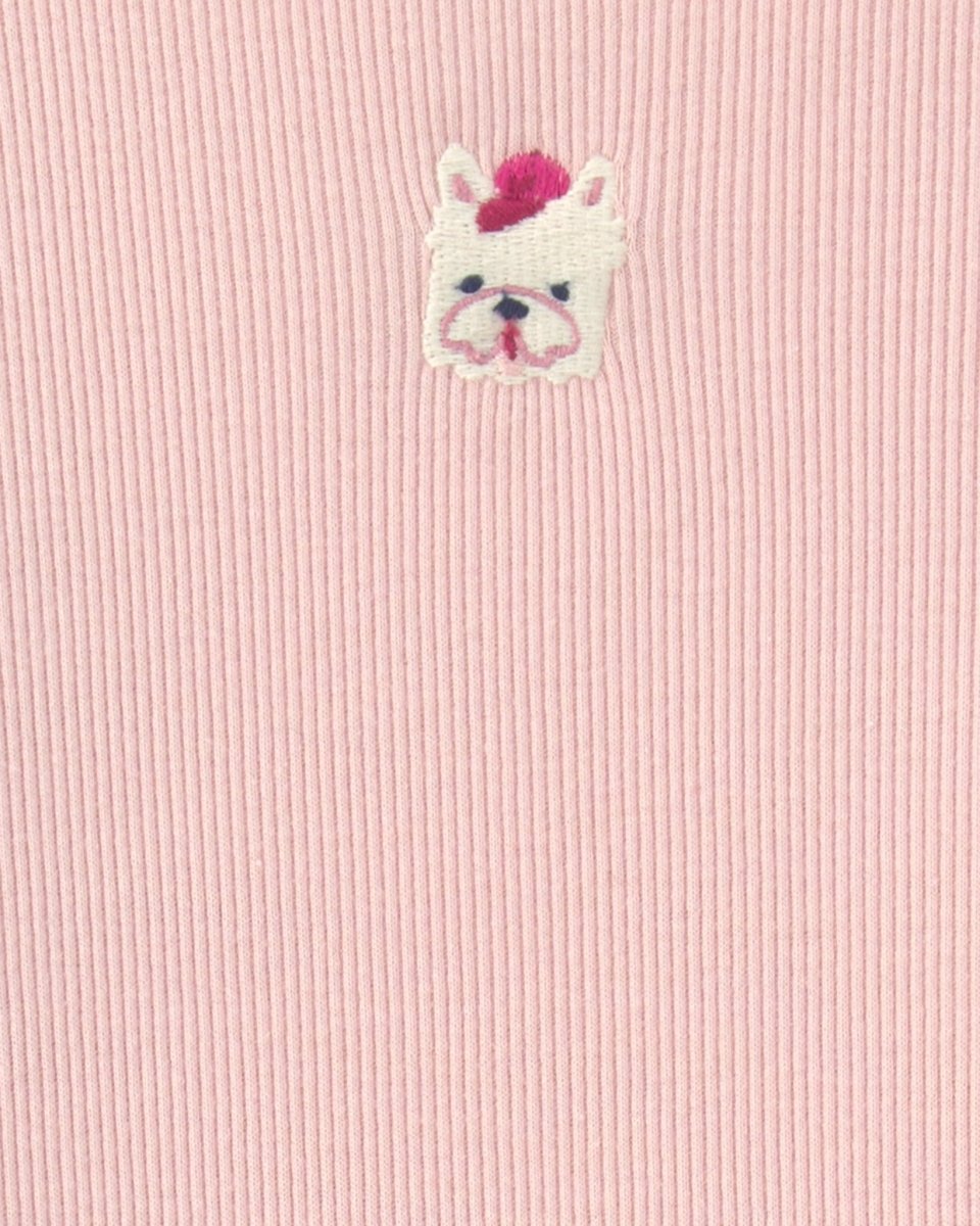 Camiseta manga larga de canalé con perro bordado, rosa - Carter's