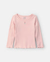 Long-sleeve ribbed tee with embroidered dog, pink