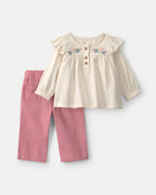 Conjunto 2 piezas, blusa bordada y pantalón de loneta, flores - Carter's