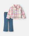 Conjunto 2 piezas, camisa de cuadros y pantalón acampanado