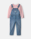 Conjunto 2 piezas, peto vaquero con corazón y camiseta rosa