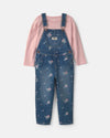 Conjunto 2 piezas, peto vaquero y camiseta, flores en rosa