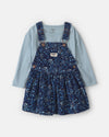 2-piece set, corduroy jumper and tee, blue flowers