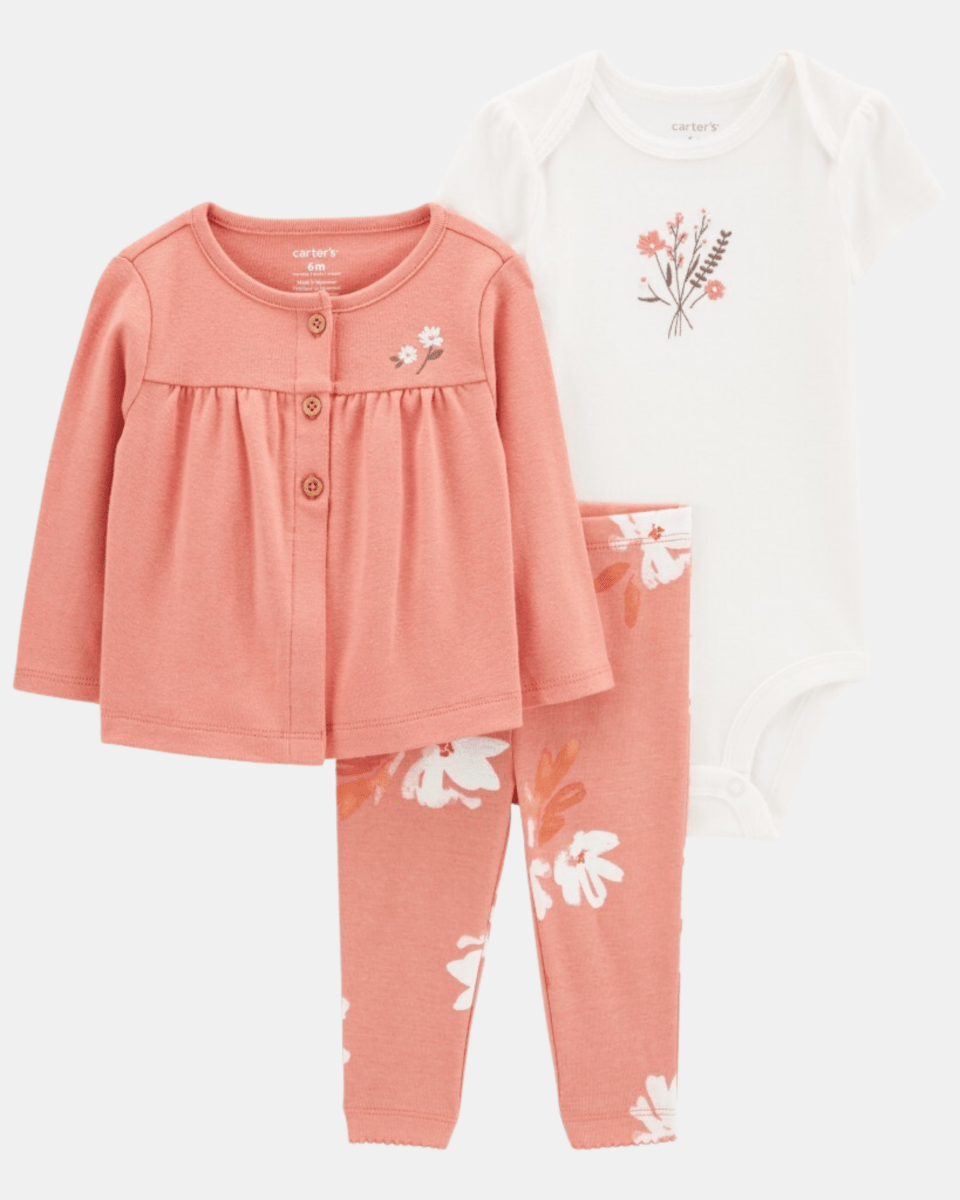 Conjunto 3 piezas, body de algodón, chaqueta y calza, diseño floral en color coral - Carter's