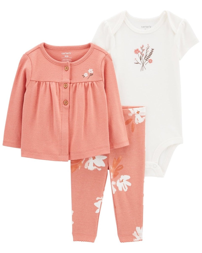 Conjunto 3 piezas, body de algodón, chaqueta y calza, diseño floral en color coral - Carter's