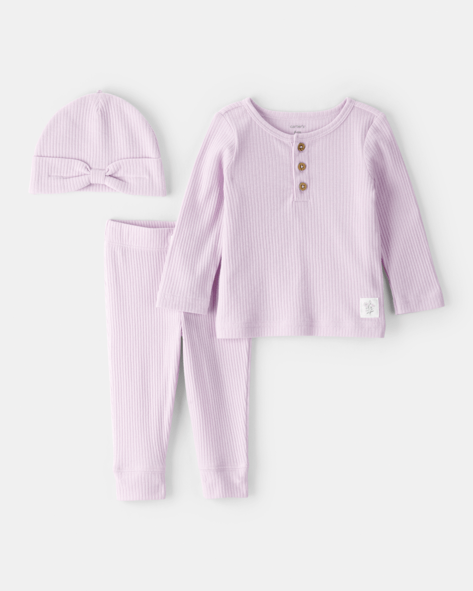 Conjunto 3 piezas, camiseta de algodón, pantalón y gorro, diseño liso en color lavanda - Carter's