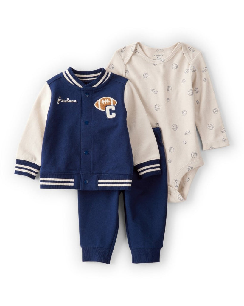 Conjunto 3 piezas cárdigan azul marino estilo varsity para bebé niño - Carter's