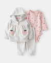 3-piece gray cardigan set with apple, bodysuit, and pants