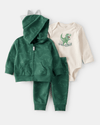 3-piece green dinosaur cardigan, bodysuit, and pants set
