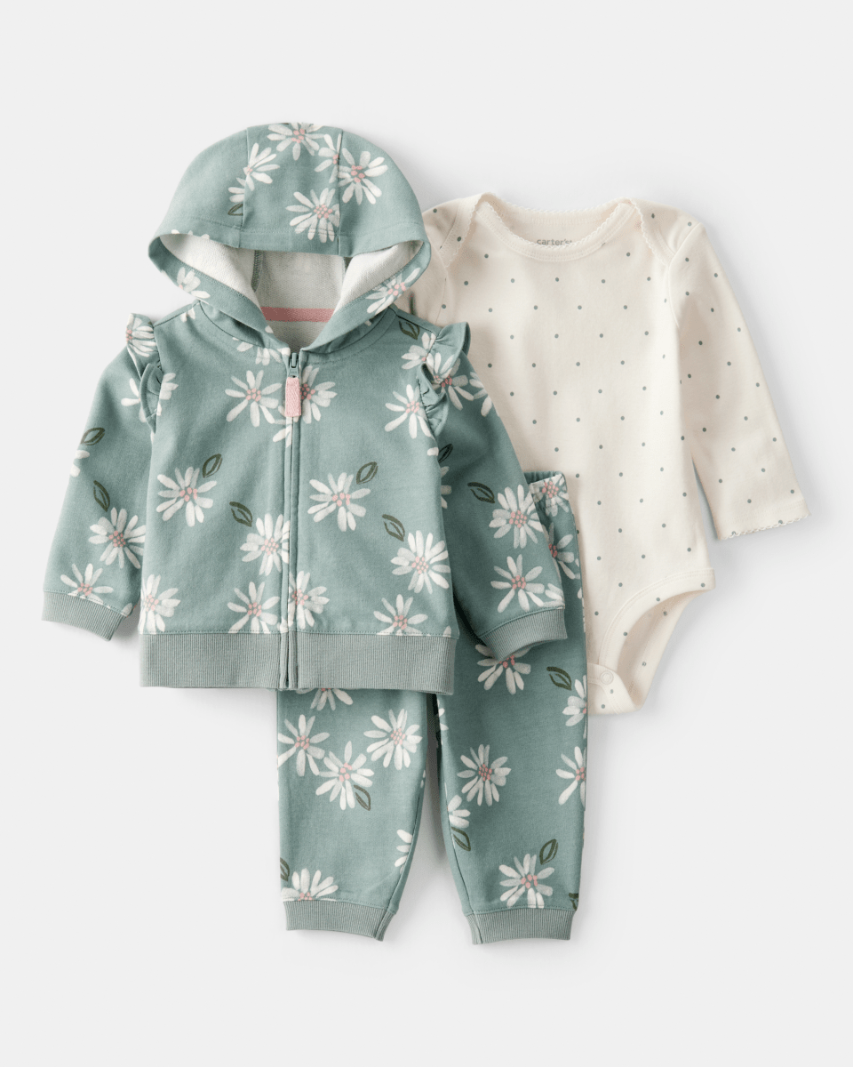 Conjunto 3 piezas cárdigan verde menta, body floral y pantalón - Carter's