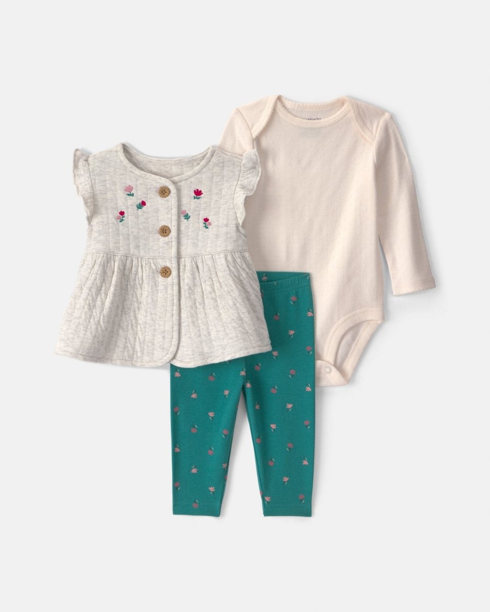 Conjunto 3 piezas, chaleco acolchado bordado y leggings, flores - Carter's