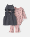 Conjunto 3 piezas, chaleco con capucha de gato, gris y rosa