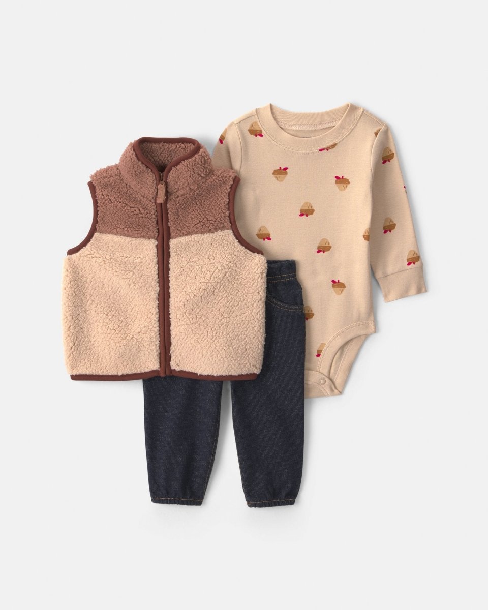 Conjunto 3 piezas, chaleco de borreguito, marrón e índigo - Carter's