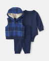 Conjunto 3 piezas, chaleco de micropolar, cuadros azules