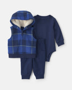 Conjunto 3 piezas, chaleco de micropolar, cuadros azules - Carter's