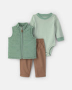 Conjunto 3 piezas, chaleco de pana con cremallera, verde - Carter's