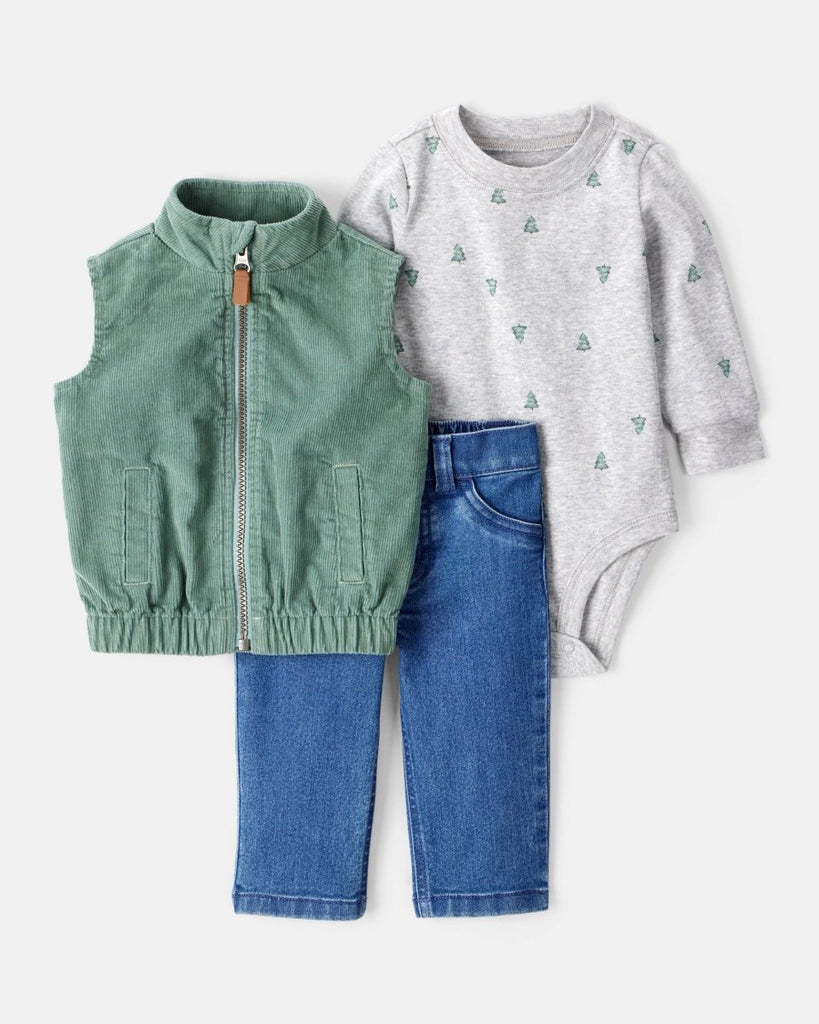 Conjunto 3 piezas chaleco de pana verde sólido para bebé niño - Carter's