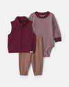 Conjunto 3 piezas, chaleco de pana y body a rayas, granate