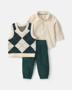Conjunto 3 piezas, chaleco de rombos y body camisero, verde - Carter's