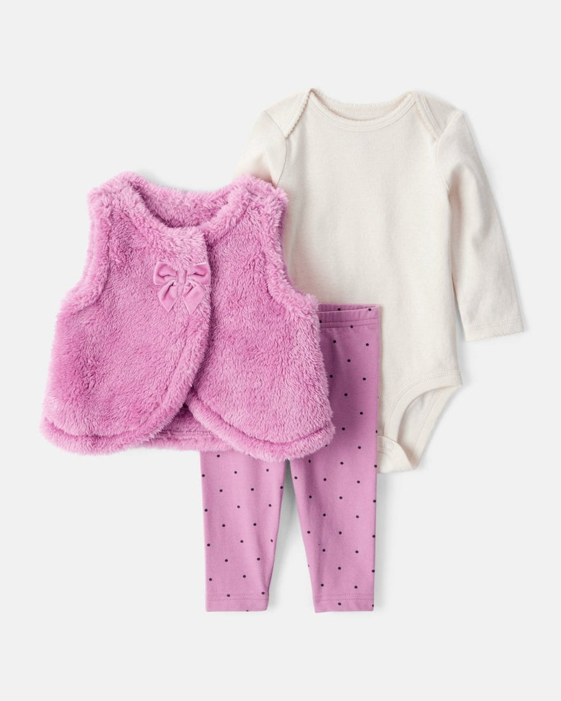 Conjunto 3 piezas chaleco morado con estampado floral y peluche para bebé niña - Carter's
