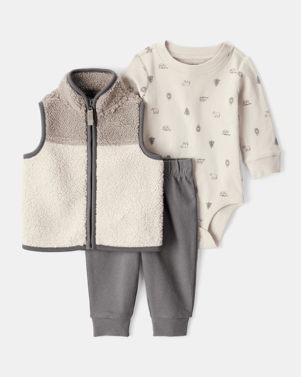 Conjunto 3 piezas chaleco sherpa, body y pantalón neutro - Carter's