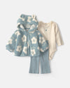 3-piece set, sherpa jacket, blue flowers
