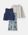 Conjunto 3 piezas con chaleco bordado, flores en azul