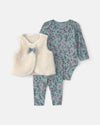 Conjunto 3 piezas con chaleco de borreguito y lazo, flores