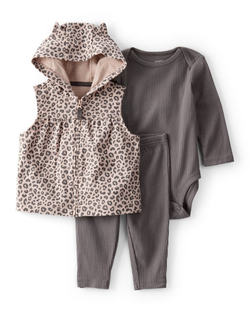 Conjunto 3 piezas con chaleco gris carbón y estampado de leopardo para bebé niña - Carter's