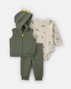 Conjunto 3 piezas con chaleco polar, dinosaurios en verde