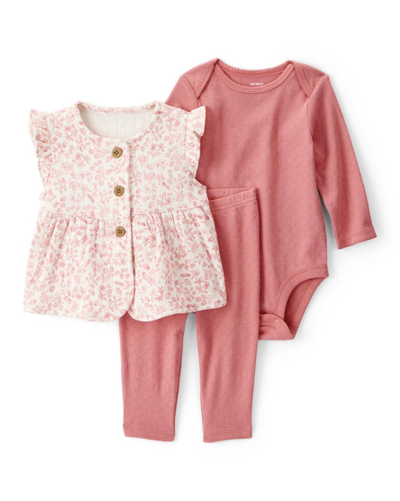 Conjunto 3 piezas con chaleco rosa y estampado floral mini para bebé niña - Carter's
