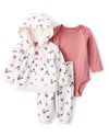 Conjunto de tres piezas con chaqueta floral en marfil, body y pantalón
