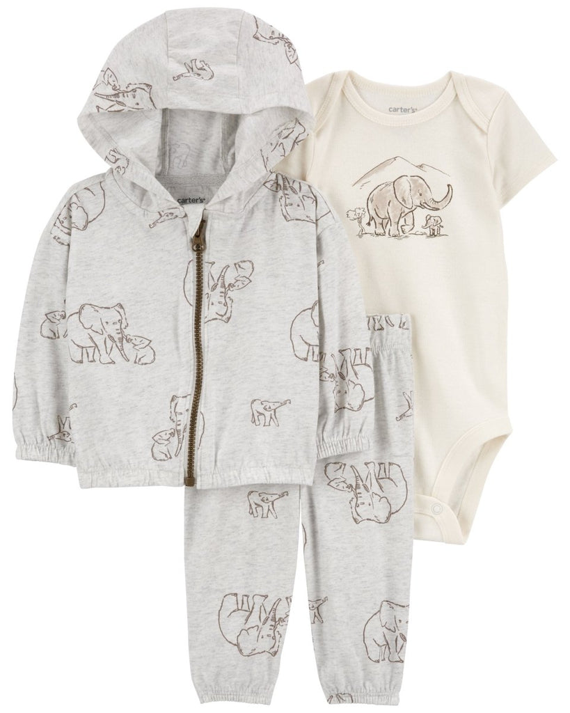 Conjunto 3 piezas de algodón, chaqueta con capucha, pantalón y body, diseño elefante - Carter's