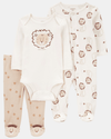 3-piece cotton set, footed pajama, pants, and bodysuit, lion design