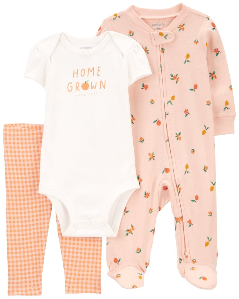 Conjunto 3 piezas de algodón, pijama con pie, pantalón y body, diseño naranjas - Carter's