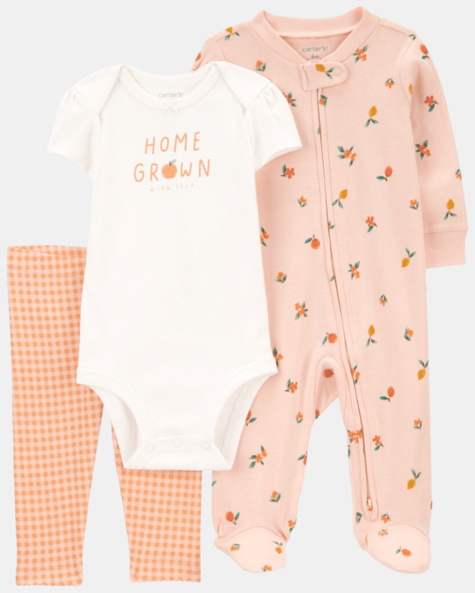 Conjunto 3 piezas de algodón, pijama con pie, pantalón y body, diseño naranjas - Carter's