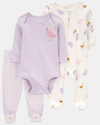 3-piece cotton set, footed pajama, pants, and bodysuit, bird design