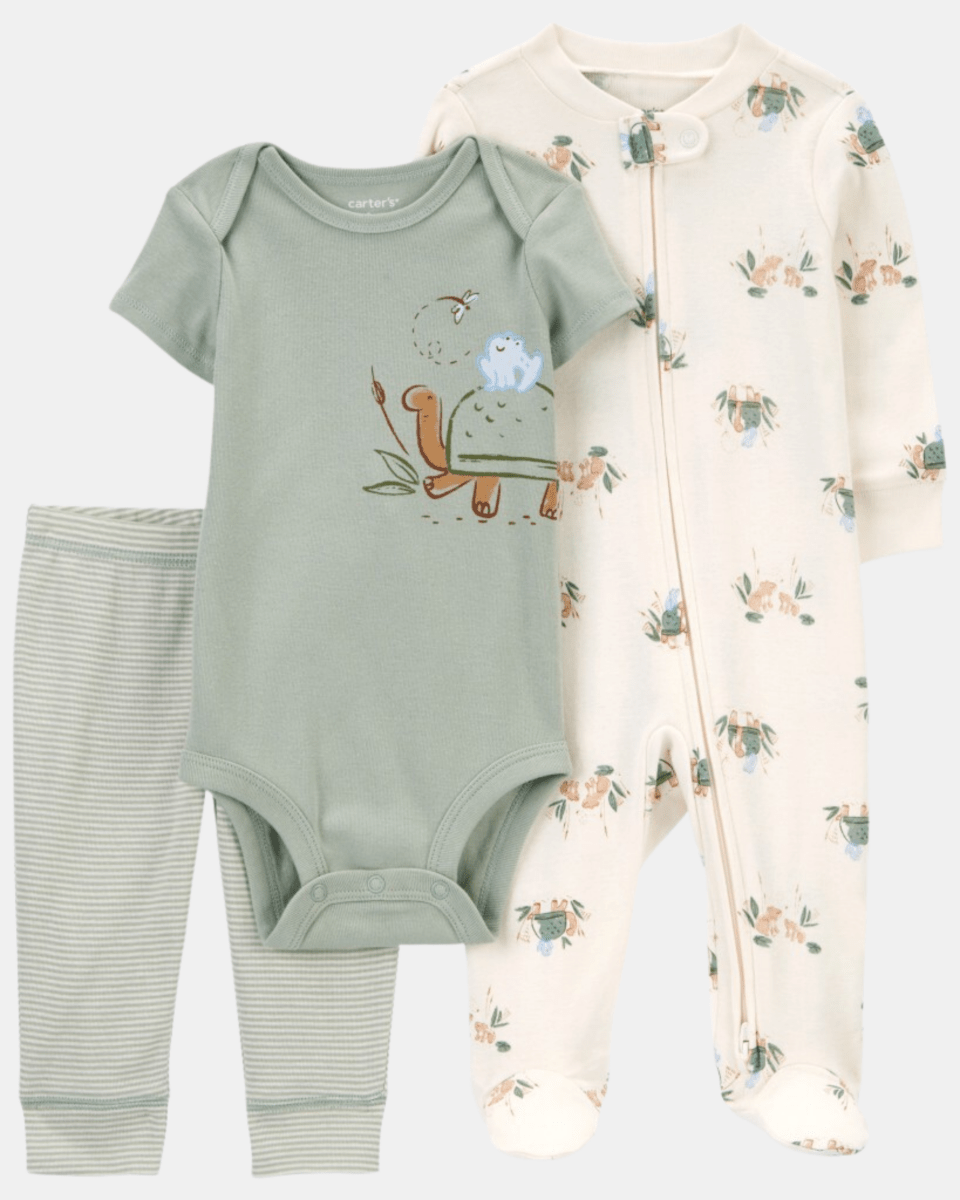Conjunto 3 piezas de algodón, pijama con pie, pantalón y body, diseño tortuga - Carter's