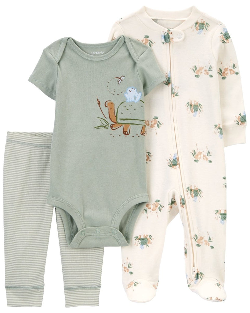 Conjunto 3 piezas de algodón, pijama con pie, pantalón y body, diseño tortuga - Carter's