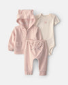 Conjunto 3 piezas de rizo con chaqueta, conejitos en rosa