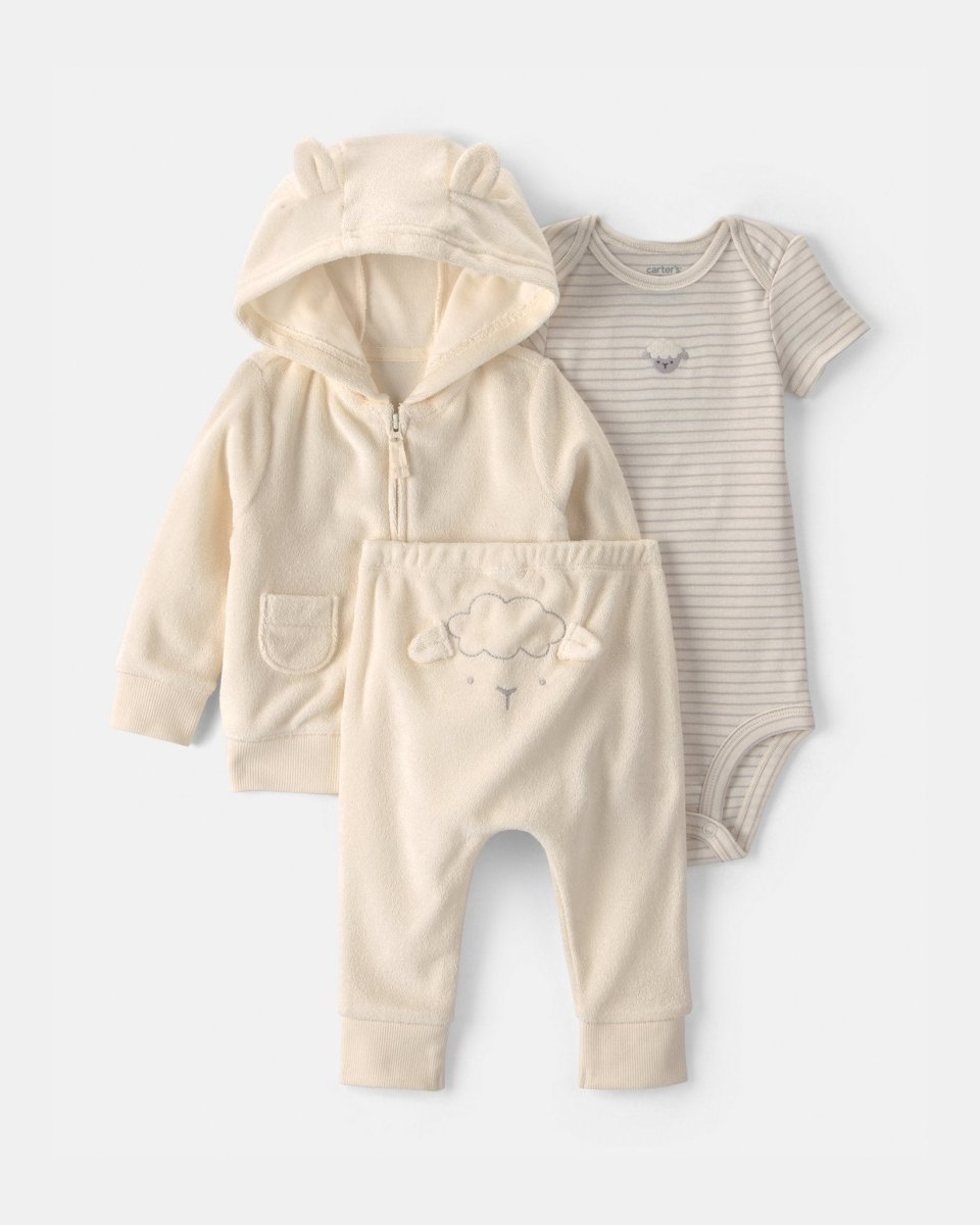 Conjunto 3 piezas de rizo con chaqueta, ovejas en marfil - Carter's
