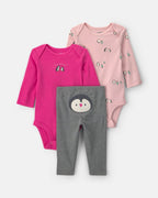 Conjunto 3 piezas, dos bodies y pantalón, pingüinos en rosa - Carter's